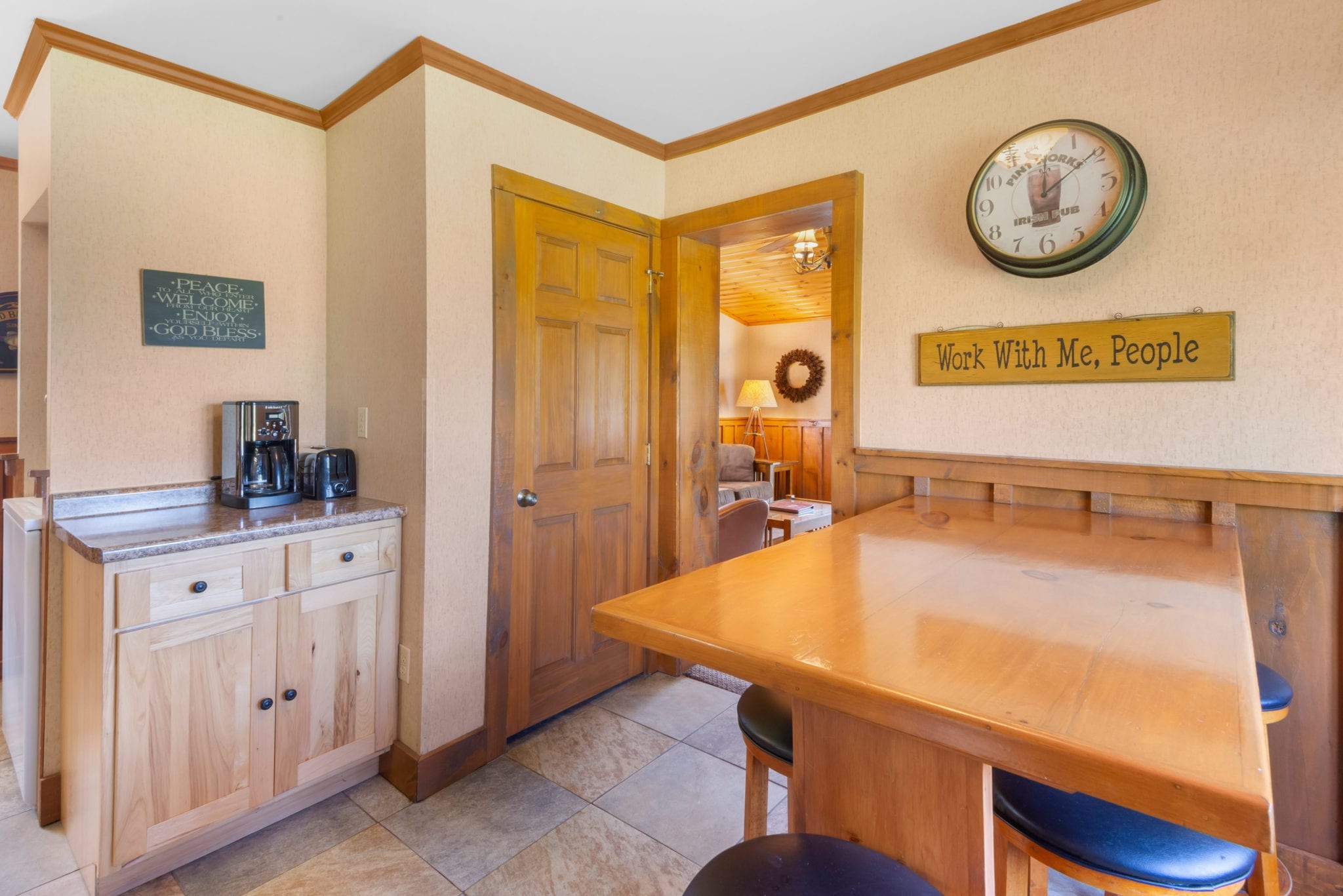 Breakfast table and coffee maker.